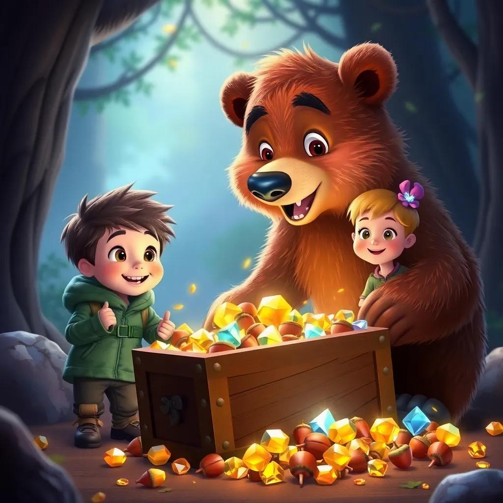 A friendly bear with warm brown fur smiling and opening a treasure chest filled with golden acorns and shiny gems, Oliver, Sam, and Bella looking amazed, colorful and cheerful, magical scene, high quality