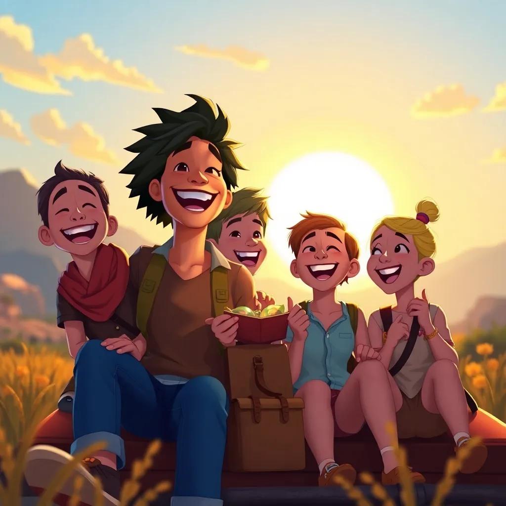 A joyful scene of the friends laughing, sharing their treasures on the way back home, bright sunset in the background, showing the beauty of friendship and adventure, happy atmosphere, colorful and inviting, high quality