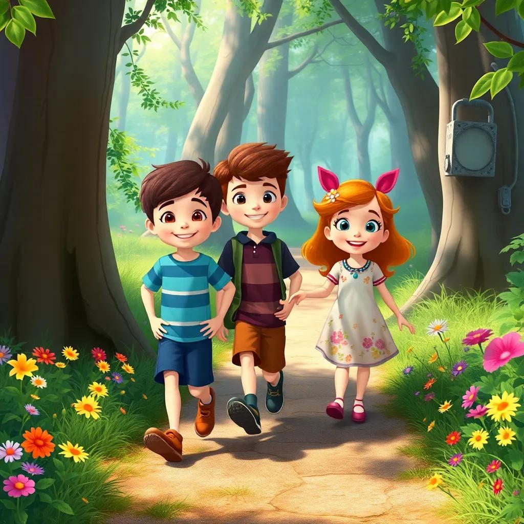 A whimsical forest path with Oliver, Sam, and Bella walking home together, with smiles on their faces, surrounded by colorful flowers and greenery, capturing the essence of friendship and adventure, delightful illustration, high quality