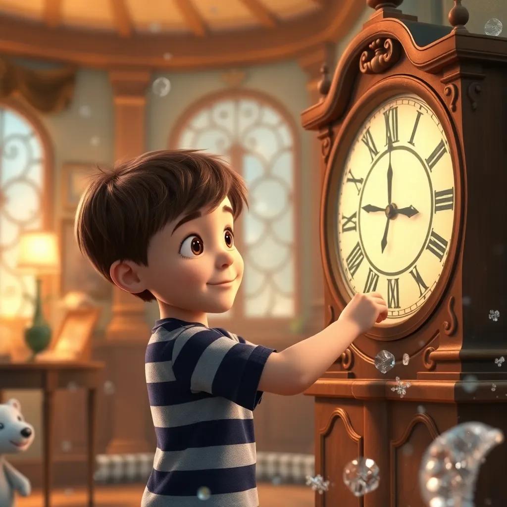 Oliver, a young boy with short brown hair in a striped t-shirt, turning the magic clock's knobs in a serene room, everything around him frozen in time, whimsical scene, detailed, enchanting light, lively