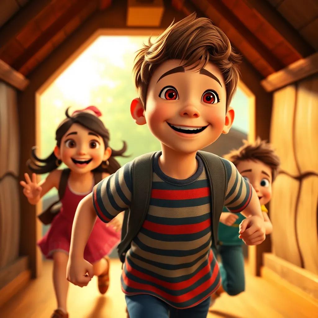 Oliver, a young boy with short brown hair in a striped t-shirt, with his friends Mia and Jake, rushing back to the attic, smiles on their faces, excitement in the air, vibrant colors, warm light, adventure-themed, high quality