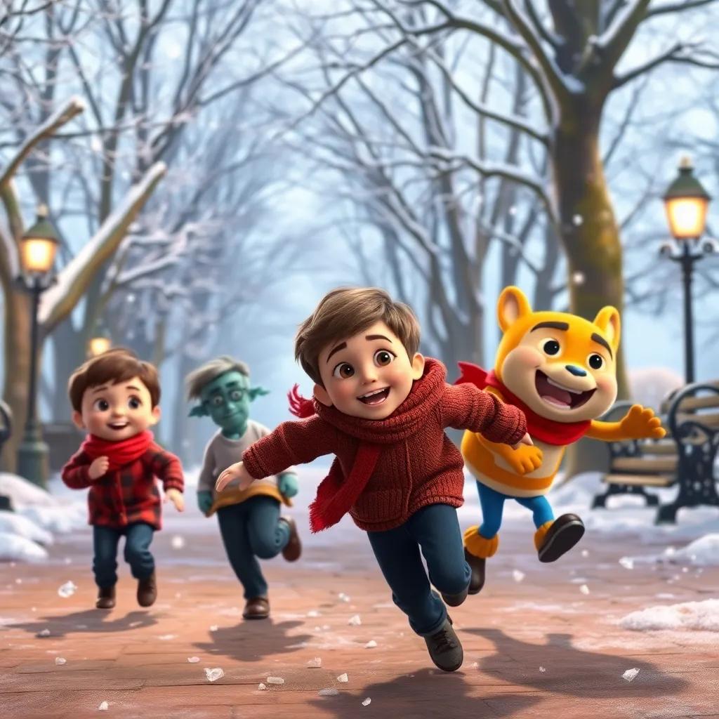 Oliver and his friends, Mia and Jake, playing tag in a quiet park with everything frozen around them, joyful expressions, detailed, magical ambiance, high quality