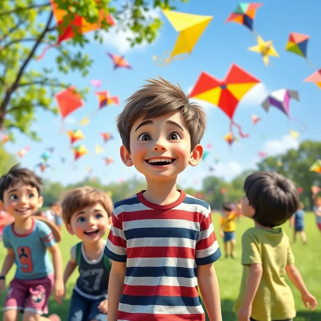 Oliver, a young boy with short brown hair in a striped t-shirt, and his friends, laughing and playing in a lively park filled with children and colorful kites, bright colors, sunny day, capturing the essence of joy, high quality