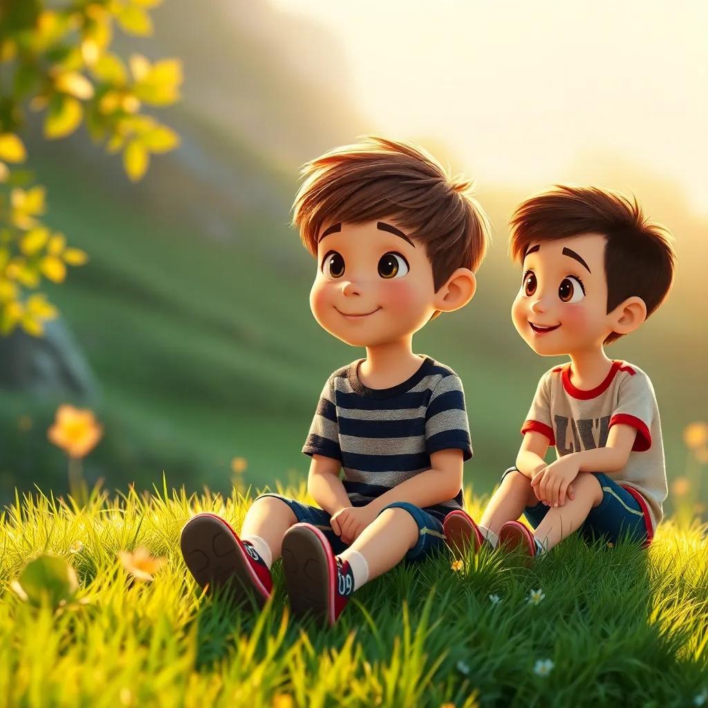 Oliver, a young boy with short brown hair in a striped t-shirt, sitting with his friends Mia and Jake on a grassy hill, deep in conversation, surrounded by nature and the sounds of fun, warm light, friendly atmosphere, high quality