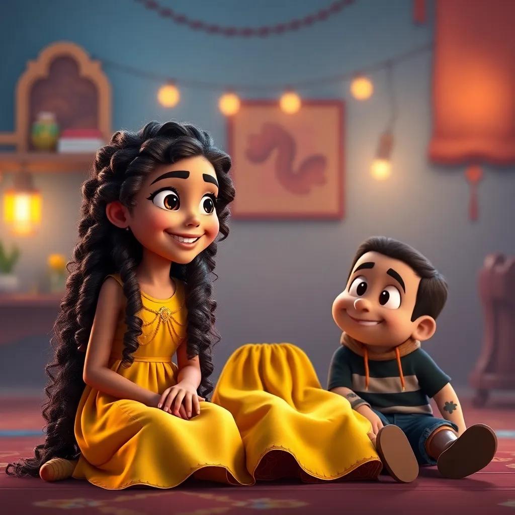 Mia, a girl with long curly hair wearing a yellow dress, smiling and looking at Oliver with bright eyes, with Oliver and Jake sitting beside her, capturing the moment of friendship and joy, inviting ambiance, high quality