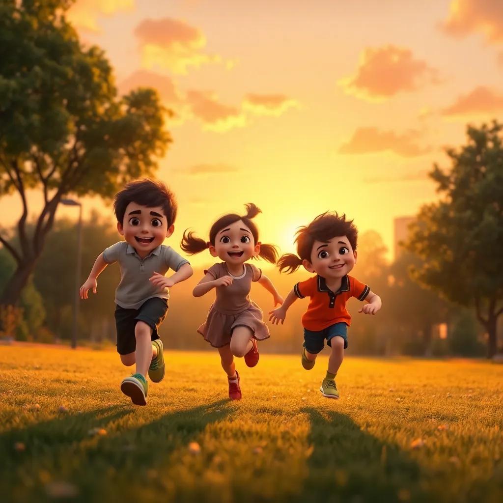 A beautiful sunset scene in the park with Oliver, Mia, and Jake running and playing together, filled with laughter and happiness, shades of orange and yellow in the sky, magical sunset glow, high quality