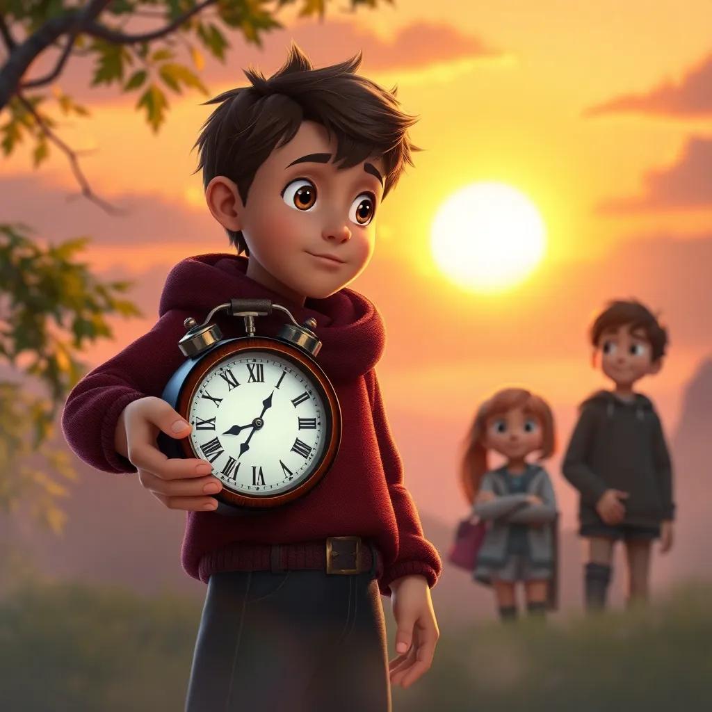 Oliver with the magic clock in hand, looking thoughtfully at his friends, the sun setting behind them, symbolizing the passage of time and precious moments, dreamy vibe, high quality