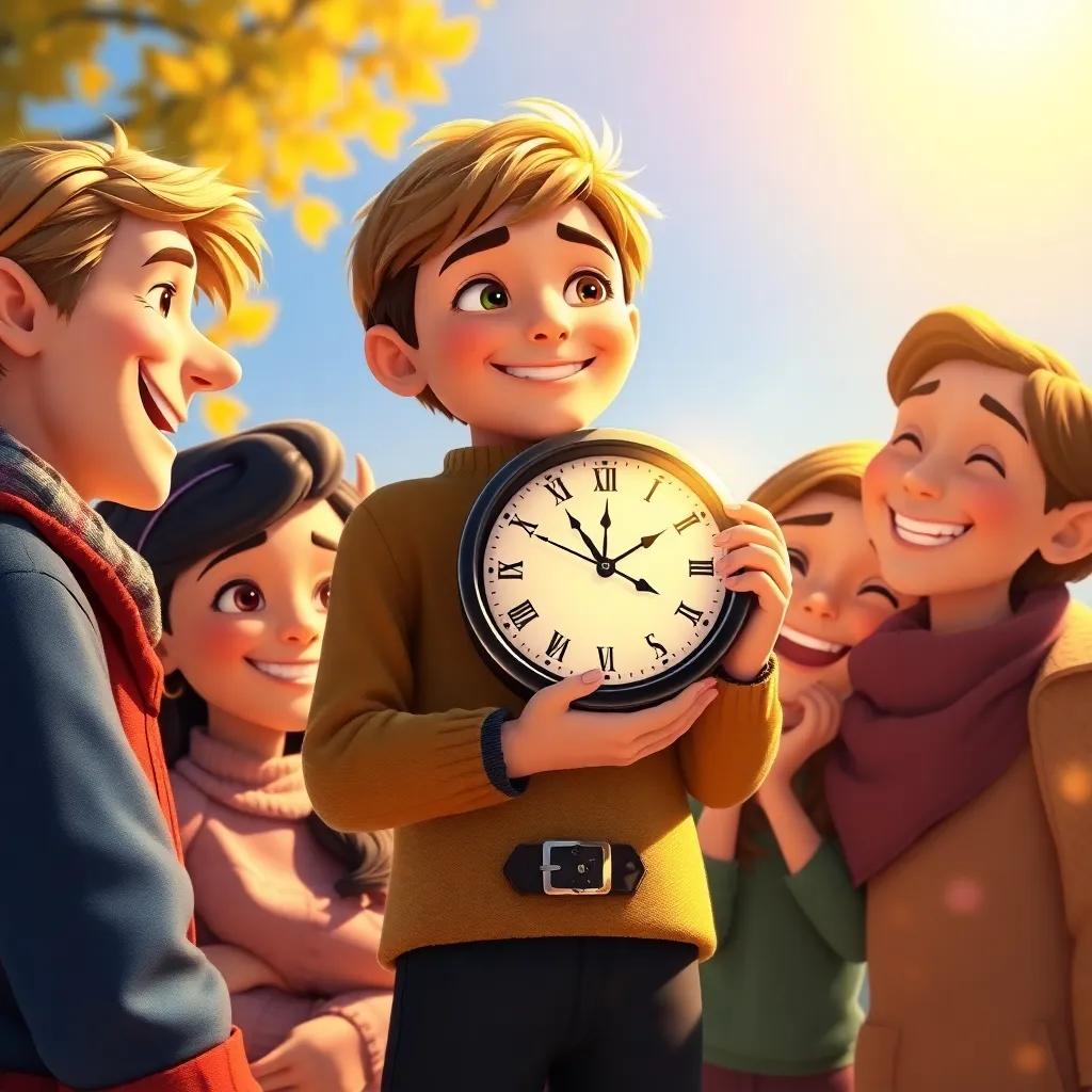 Oliver, holding the magic clock close to his heart, surrounded by his friends, feeling happy and appreciated, golden light surrounding them, heartwarming scene, capturing friendship and adventure, high quality