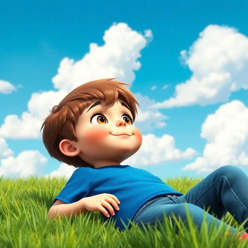 A curious boy, Oliver, with short brown hair wearing a blue t-shirt and jeans, lying on the grass gazing at fluffy white clouds in a bright blue sky, digital art, cheerful atmosphere, vibrant colors, inviting scene, high quality
