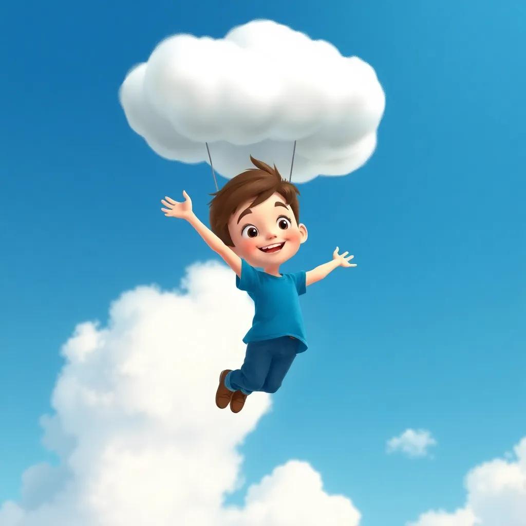 Oliver, a curious boy with short brown hair wearing a blue t-shirt and jeans, being lifted by a fluffy white cloud, soaring high in the sky with a big smile, surrounded by blue background and soft clouds, illustration, dreamy, adventurous, child-friendly