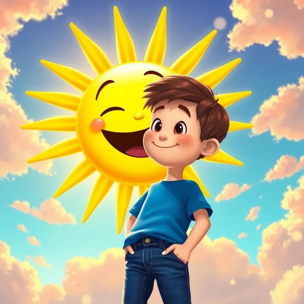 A cheerful Sunbeam with a smiling face, bright yellow rays extending, warmly greeting Oliver, a curious boy with short brown hair wearing a blue t-shirt and jeans, amidst colorful sky filled with happy clouds, digital art, uplifting, vibrant colors, high quality