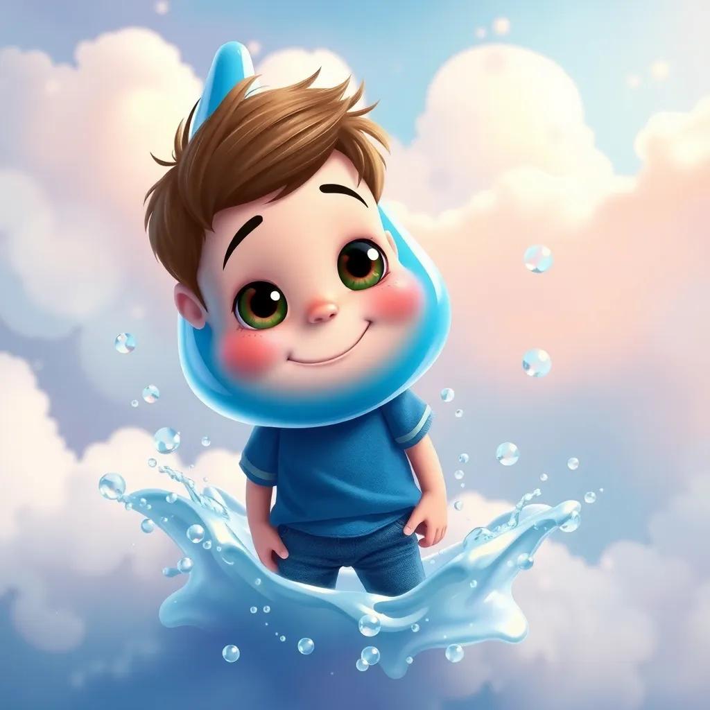 A playful Raindrop with big eyes and a smile, splashing around Oliver, a curious boy with short brown hair wearing a blue t-shirt and jeans, in a whimsical cloud setting filled with vibrant colors and bubbles, illustration, fun, cheerful, child-friendly