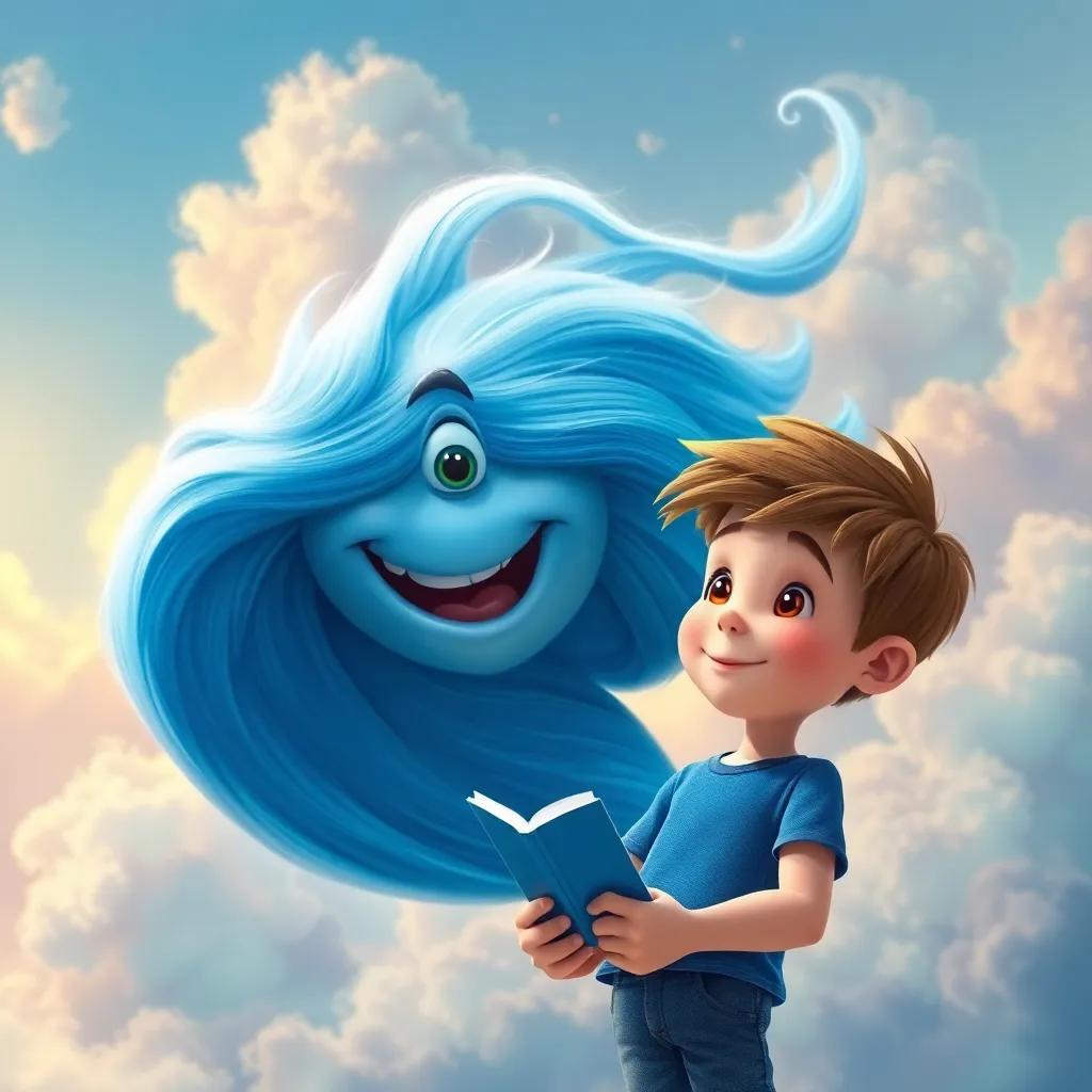 A wise Wind Gust, a swirl of blue with a smiling face, whispering stories to Oliver, a curious boy with short brown hair wearing a blue t-shirt and jeans, with colorful clouds around them, digital art, magical atmosphere, high quality