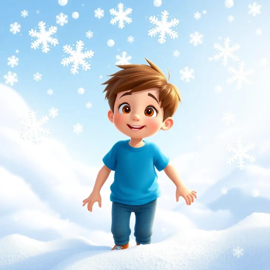 A group of happy Snowflakes twirling and dancing around Oliver, a curious boy with short brown hair wearing a blue t-shirt and jeans, in a snowy cloud scene, colorful, lively setting, cheerful, illustration, child-friendly
