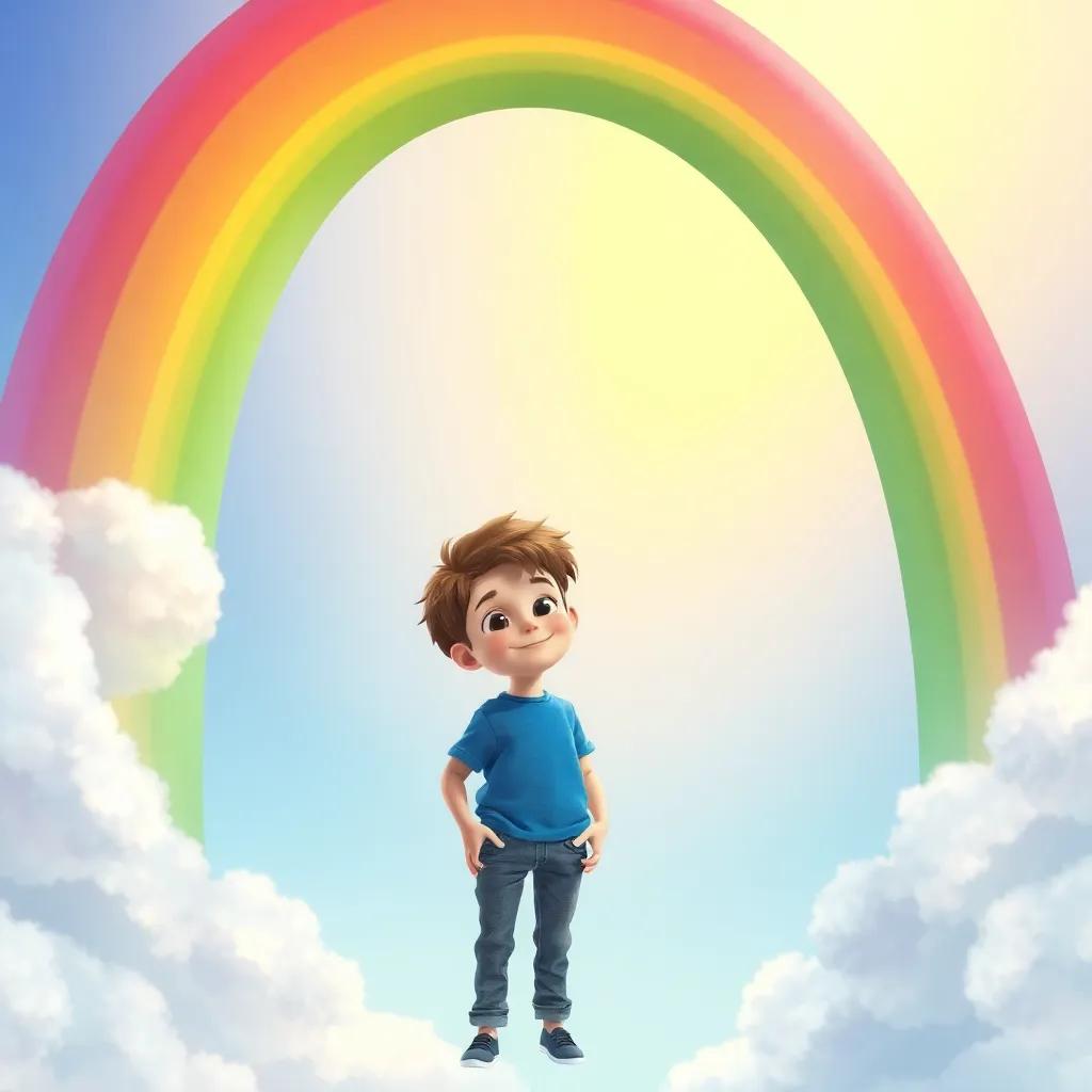 A friendly Rainbow, arched and colorful, sliding down towards Oliver, a curious boy with short brown hair wearing a blue t-shirt and jeans, in a bright sky background with fluffy clouds around, digital art, magical and vibrant, high quality