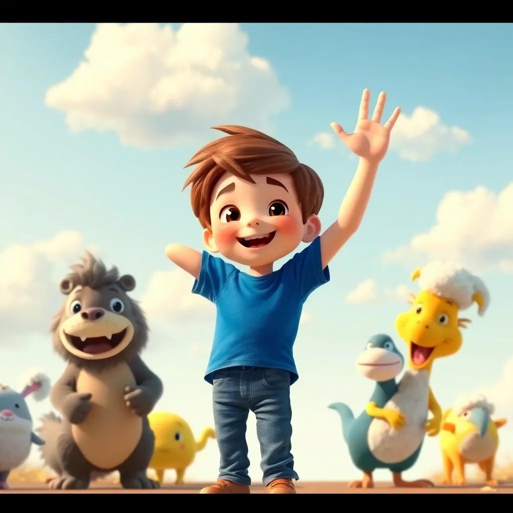 Oliver, a curious boy with short brown hair wearing a blue t-shirt and jeans, waving goodbye to his weather creature friends, with clouds floating in the clear sky above, joyful atmosphere, digital art, warm colors, high quality