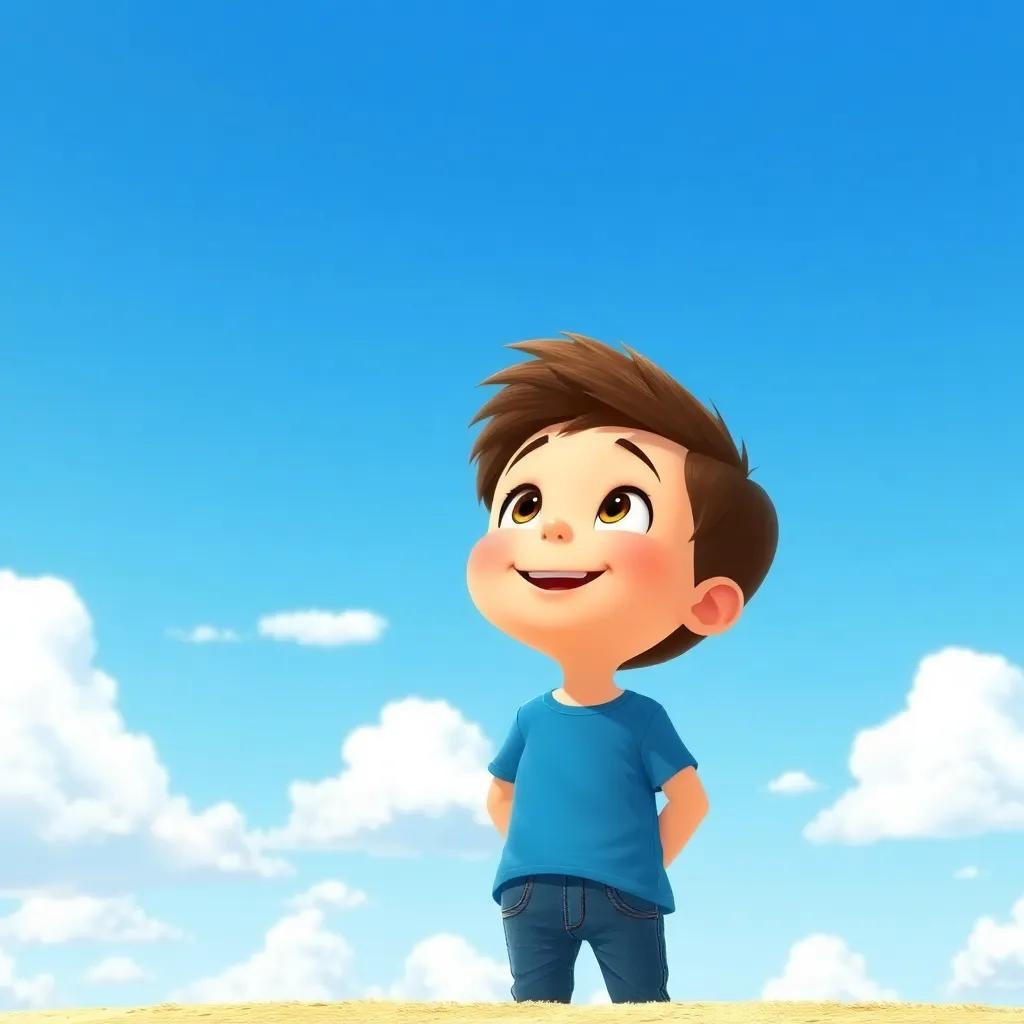 Oliver, a curious boy with short brown hair wearing a blue t-shirt and jeans, standing on the ground, gazing up at fluffy clouds with a big smile, feeling grateful and inspired, bright sunny day, illustration, uplifting, child-friendly
