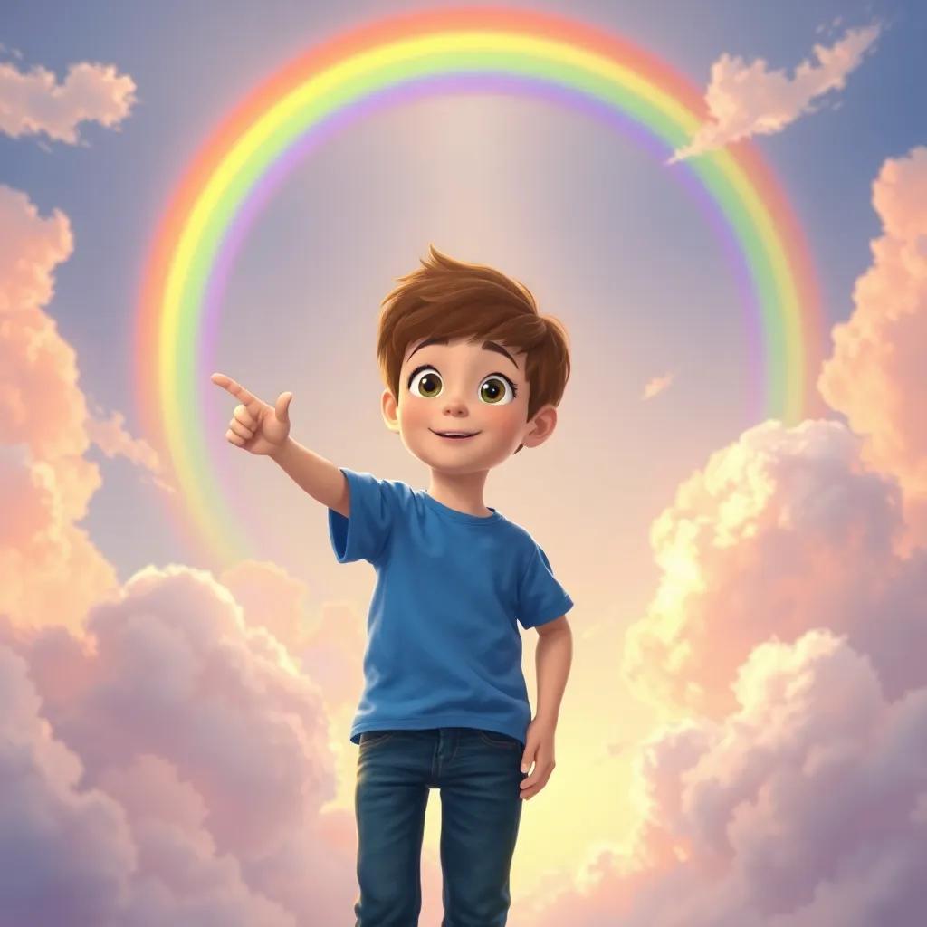 Oliver, a curious boy with short brown hair wearing a blue t-shirt and jeans, pointing at a beautiful rainbow in the sky above, surrounded by cotton candy clouds, warm and inviting atmosphere, digital painting, vibrant, high quality