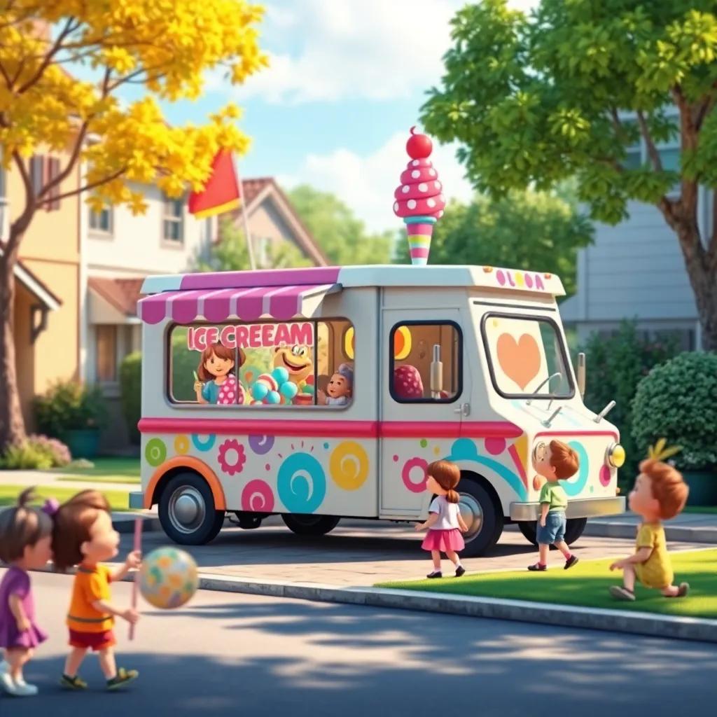 A cheerful ice cream truck, painted with bright colors and whimsical designs, parked in a sunny neighborhood, surrounded by excited children, digital art, playful, vibrant colors, inviting atmosphere, high quality