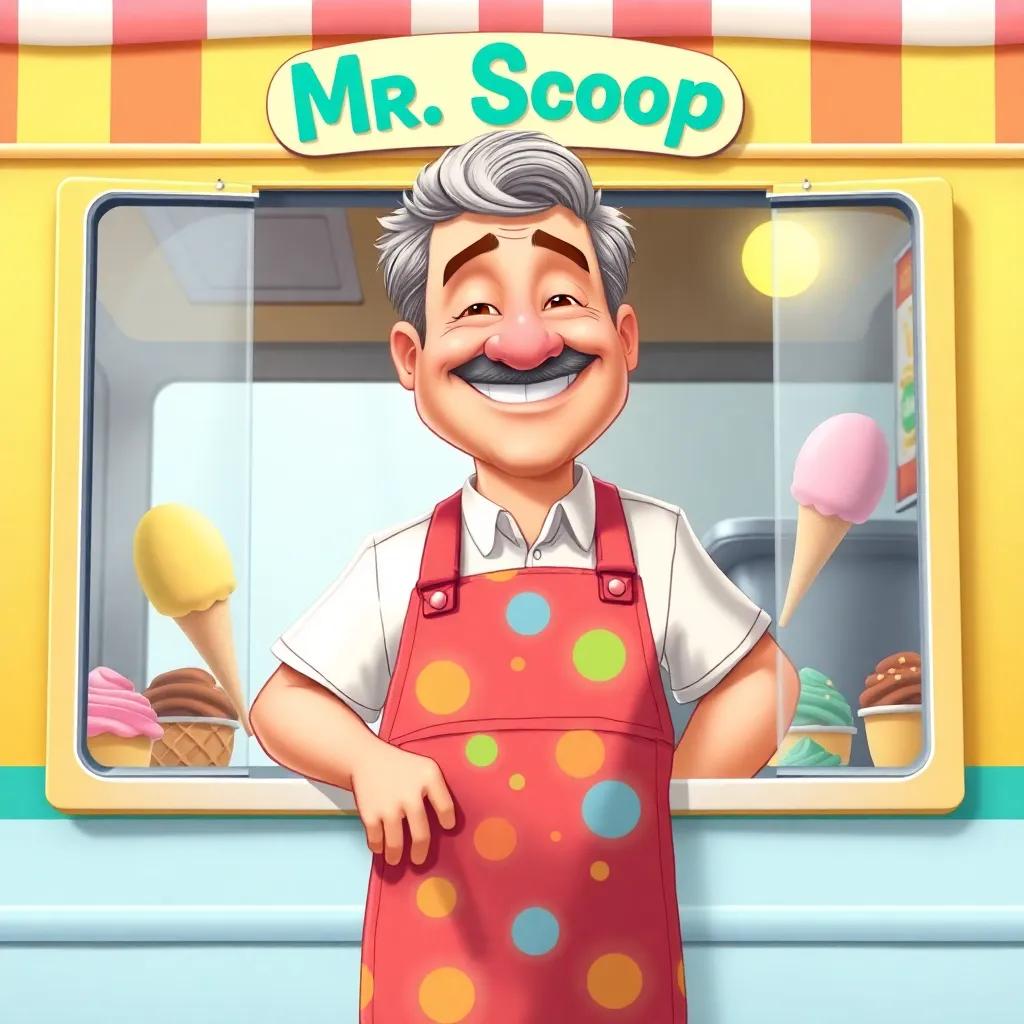 Mr. Scoop, a friendly middle-aged man with a big smile and a colorful apron, standing at the open truck window, with a variety of ice cream flavors displayed, kindness and warmth radiating from him, detailed illustration, cheerful vibe, family-friendly, high quality