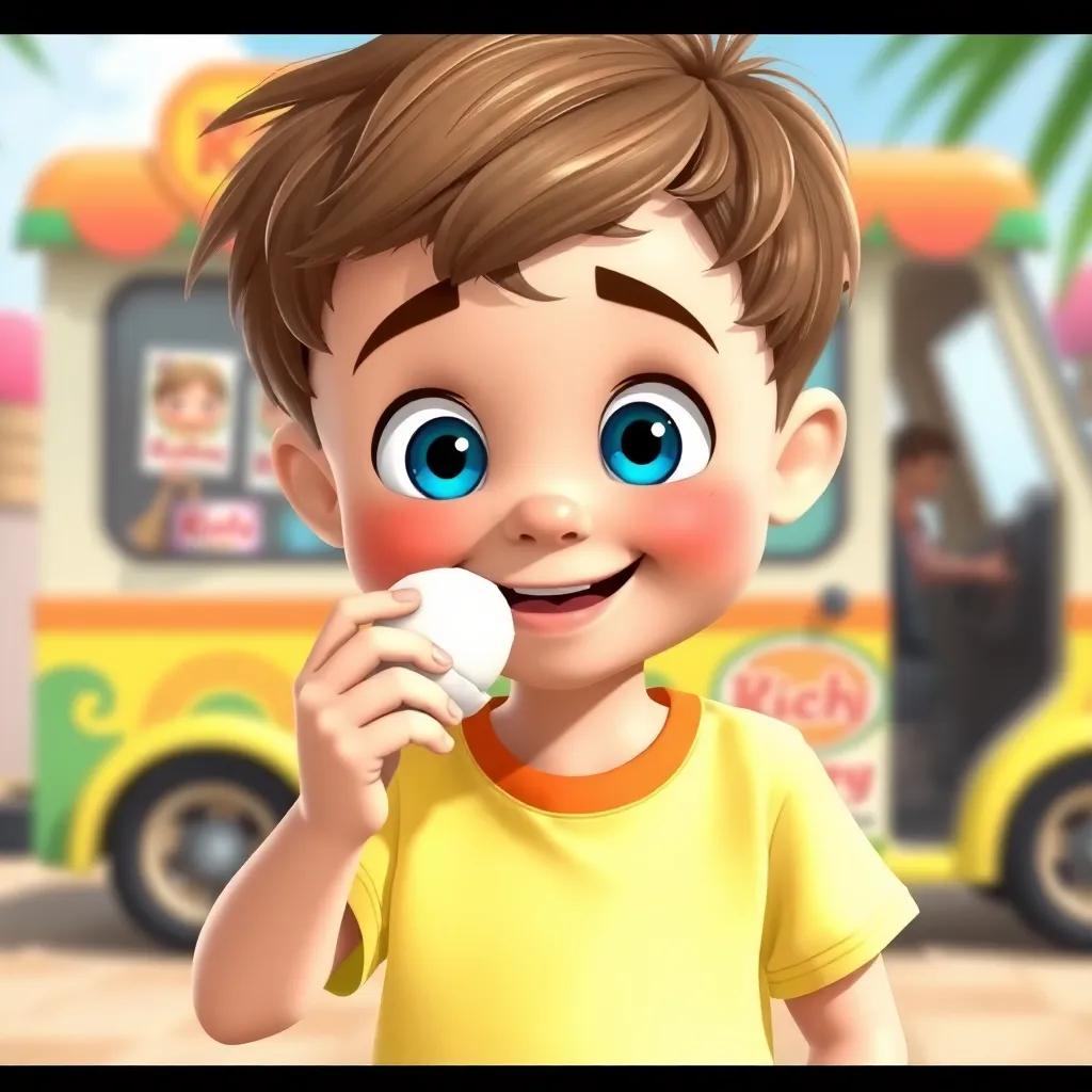 Oliver, a curious young boy with short brown hair, wearing a bright t-shirt and shorts, taking a bite of Coconut Ice Cream, filled with joy, with a whimsical backdrop of the ice cream truck, cheerful, colorful, engaging scene, vibrant details, high quality