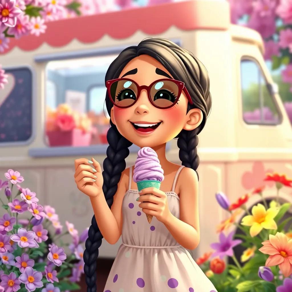 Mia, a young girl with long black braids, wearing a sundress and sunglasses, enjoying her Lavender ice cream, surrounded by blooming flowers, smiling and laughing, with the magical ice cream truck in the background, lively, bright colors, friendly atmosphere, high quality