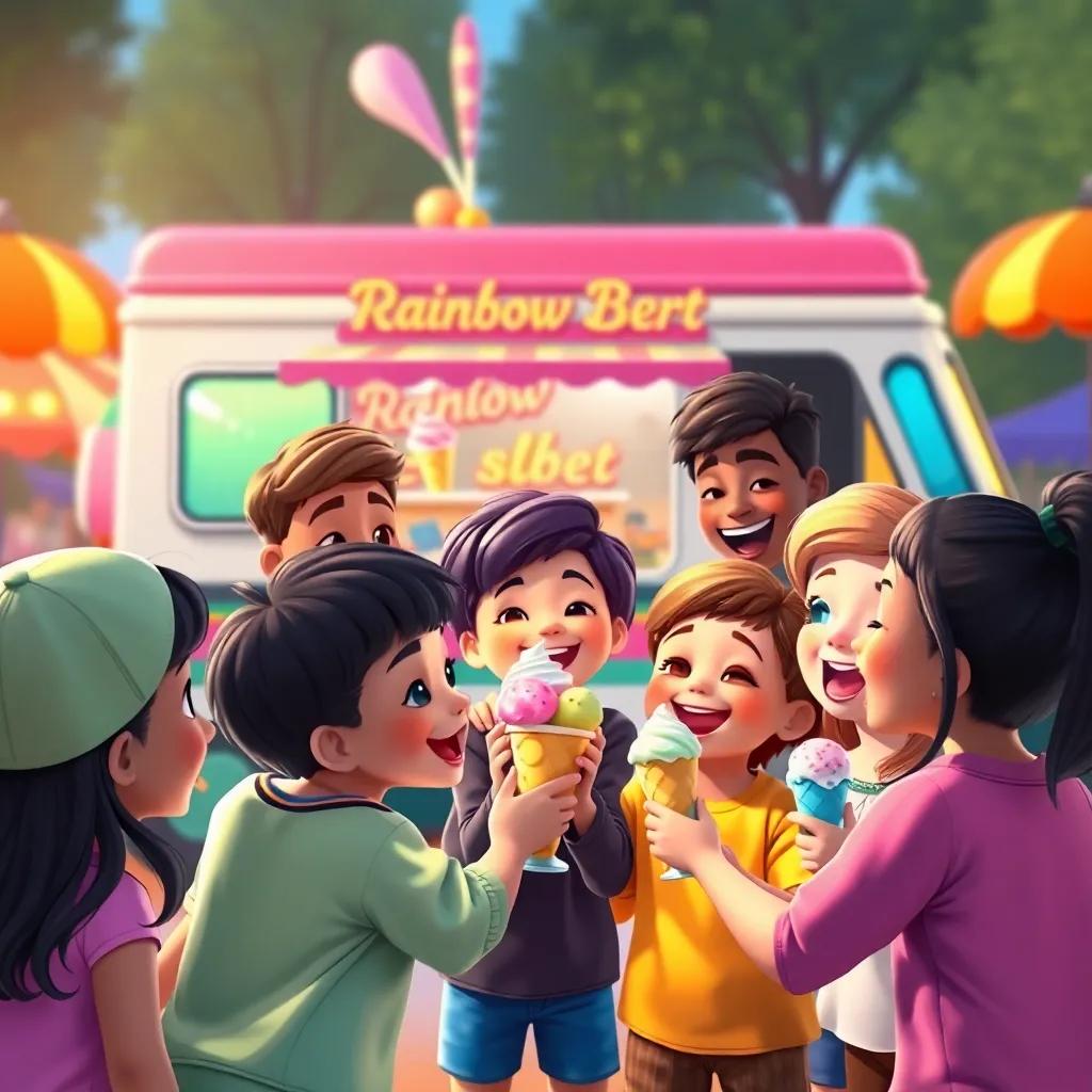 A group of children of various ethnicities in a joyful circle, sharing ice cream and laughing, with the magical ice cream truck in the background serving Rainbow Sorbet, colorful and fun setting, digital art, joyful expressions, warm light, high quality