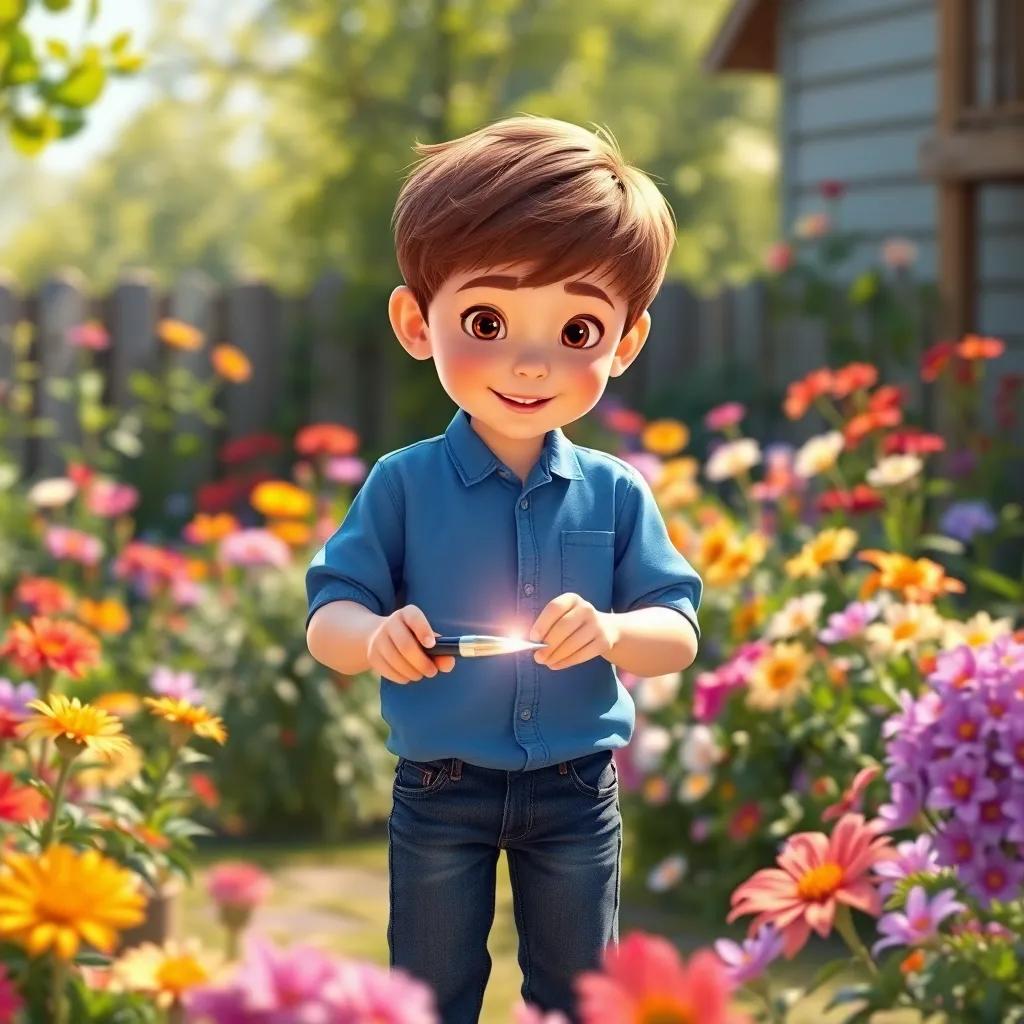A young boy with short brown hair, Oliver, wearing a blue shirt and jeans, discovering a shiny paintbrush in his backyard filled with flowers, sunny day, cheerful atmosphere, vibrant colors, high quality