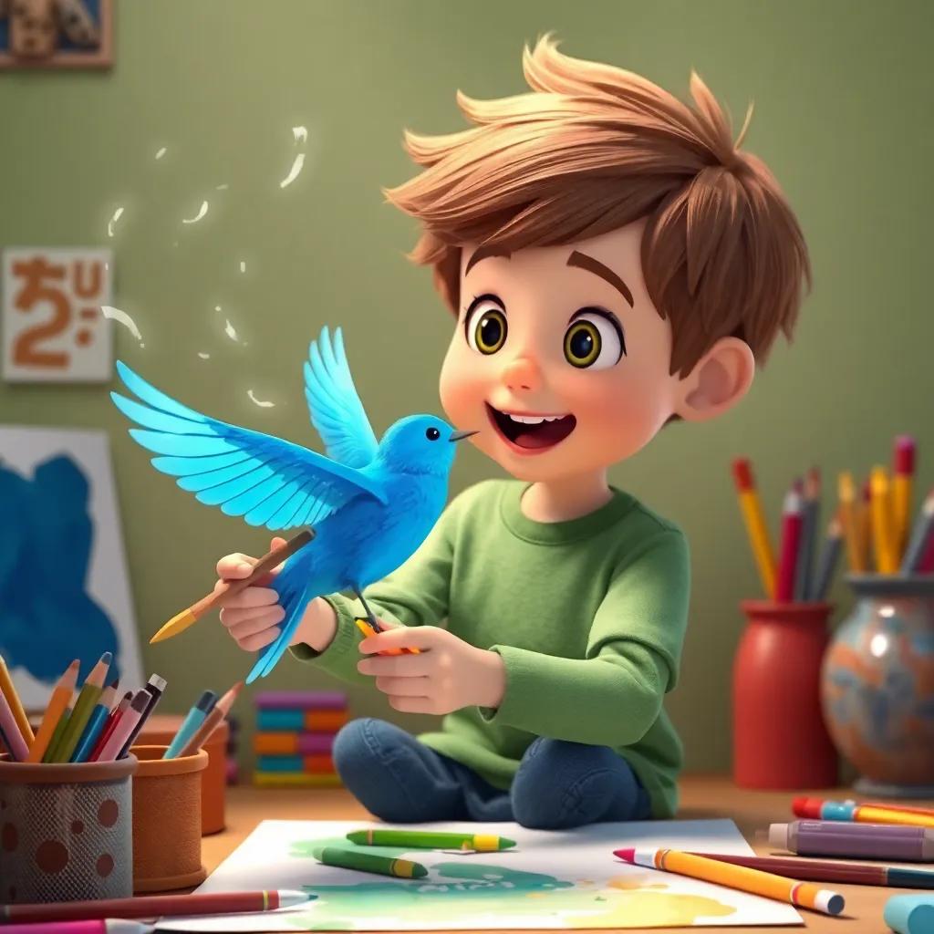 Oliver with the magical paintbrush, drawing a bright blue bird that flaps its wings and flies off the paper, amazed expression, colorful art supplies scattered around, playful setting, joyful vibe