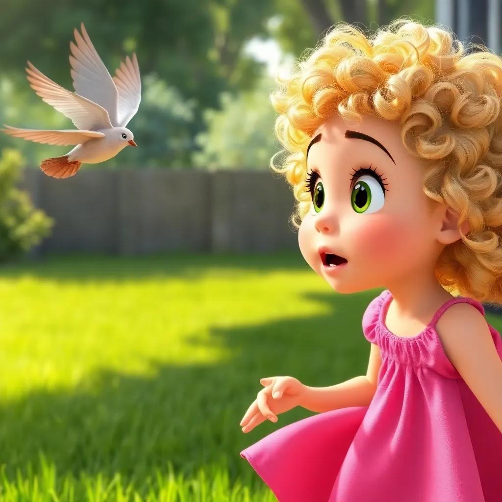 A young girl with curly blonde hair, Lucy, wearing a pink dress, joining Oliver in his backyard, looking shocked and excited at the flying bird, green grass and trees in the background, lively scene, child-friendly