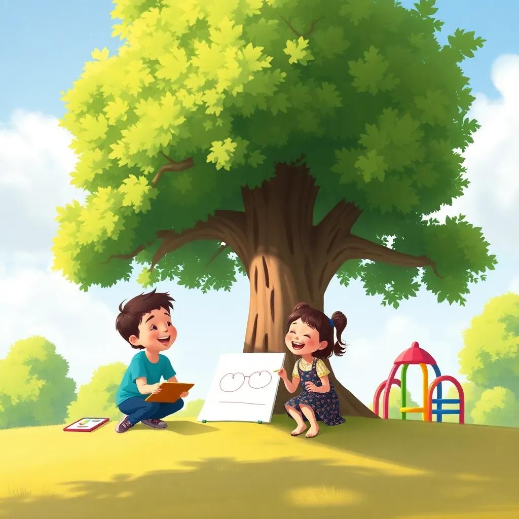 Oliver and Lucy drawing a big green tree together, the tree coming to life and providing shade, both kids laughing under the tree, colorful playground equipment drawn nearby, energetic and fun