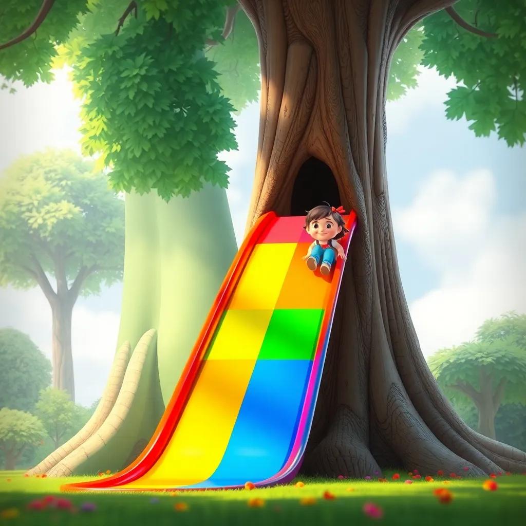 The colorful rainbow slide appearing next to the tall green tree, Oliver and Lucy climbing up and sliding down with smiles, bright colors and swirling patterns around them, whimsical atmosphere, engaging scene