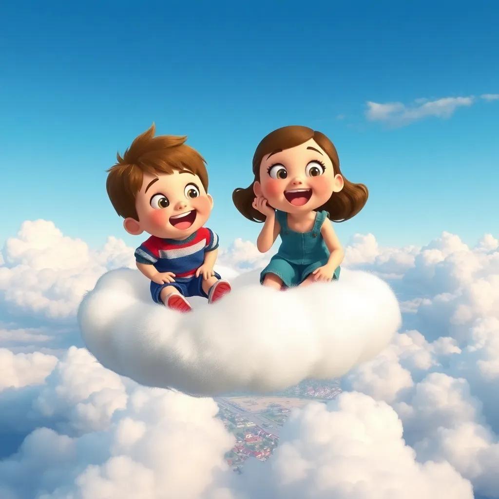 Oliver and Lucy on a fluffy white cloud, floating in the sky with a view of their tiny town below, excited expressions, with soft clouds and blue sky around, magical perspective