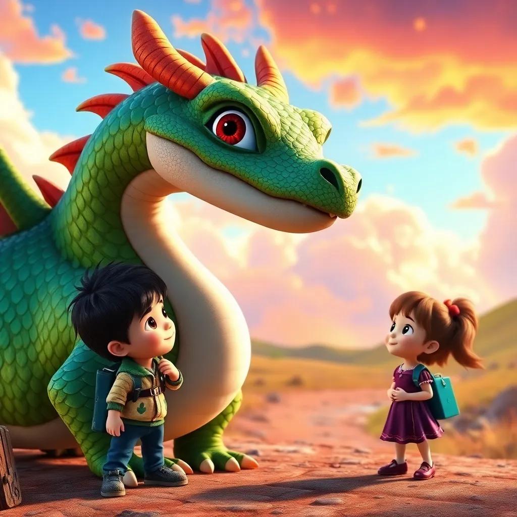 A friendly dragon with shiny scales, smiling at Oliver and Lucy as they approach, ready to take them on an adventure, colorful background with a vivid sky and clouds, imaginative environment