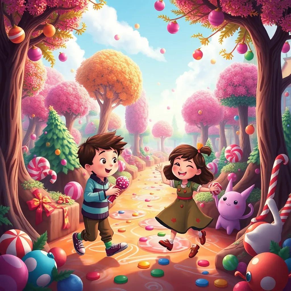Candy trees and chocolate rivers in a fantastical land, Oliver and Lucy joyfully tasting treats and dancing with candy creatures, vibrant colors and a festive mood, enchanting illustration