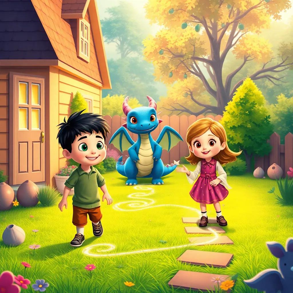 Oliver and Lucy drawing a path back home, the dragon gently landing in the backyard, ending their adventure, cheerful expressions, colorful and magical scene, bright and safe atmosphere