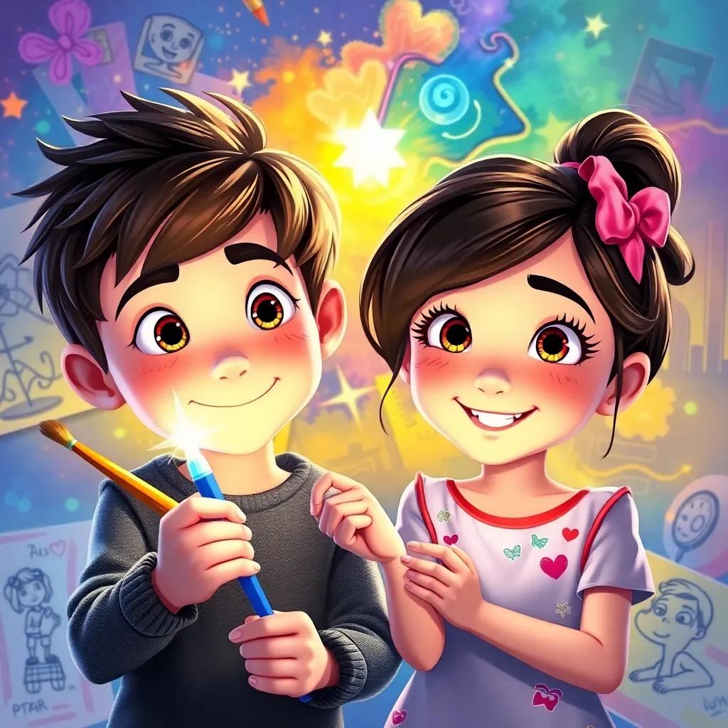 Oliver and Lucy holding the magical paintbrush, eyes sparkling with excitement, daydreaming about future adventures, colorful backdrop with their drawings around them, imaginative and happy spirit