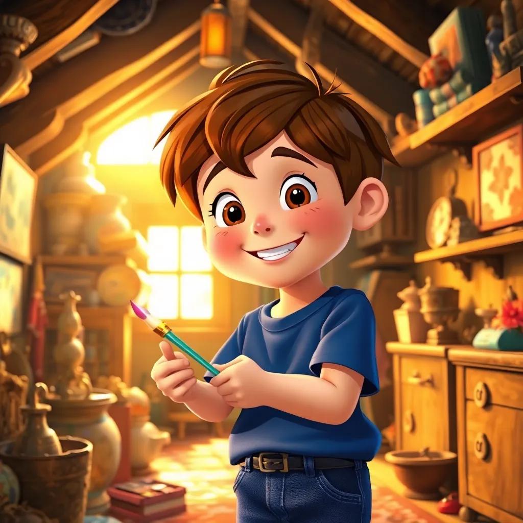 A cheerful boy, Oliver, with short brown hair, wearing a blue t-shirt and jeans, discovering a magical paintbrush in an attic filled with old treasures, warm sunlight, cozy atmosphere, colorful details, high quality