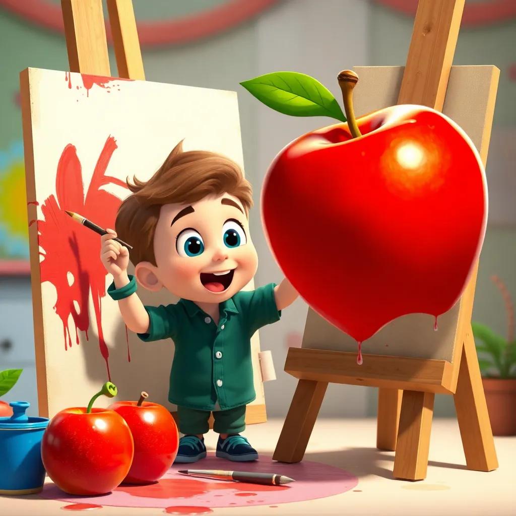 Oliver painting a big red apple on a canvas, the apple wobbling off it, with a look of surprise on his face, bright colors around, cheerful setting, child-friendly, vivid details, high quality