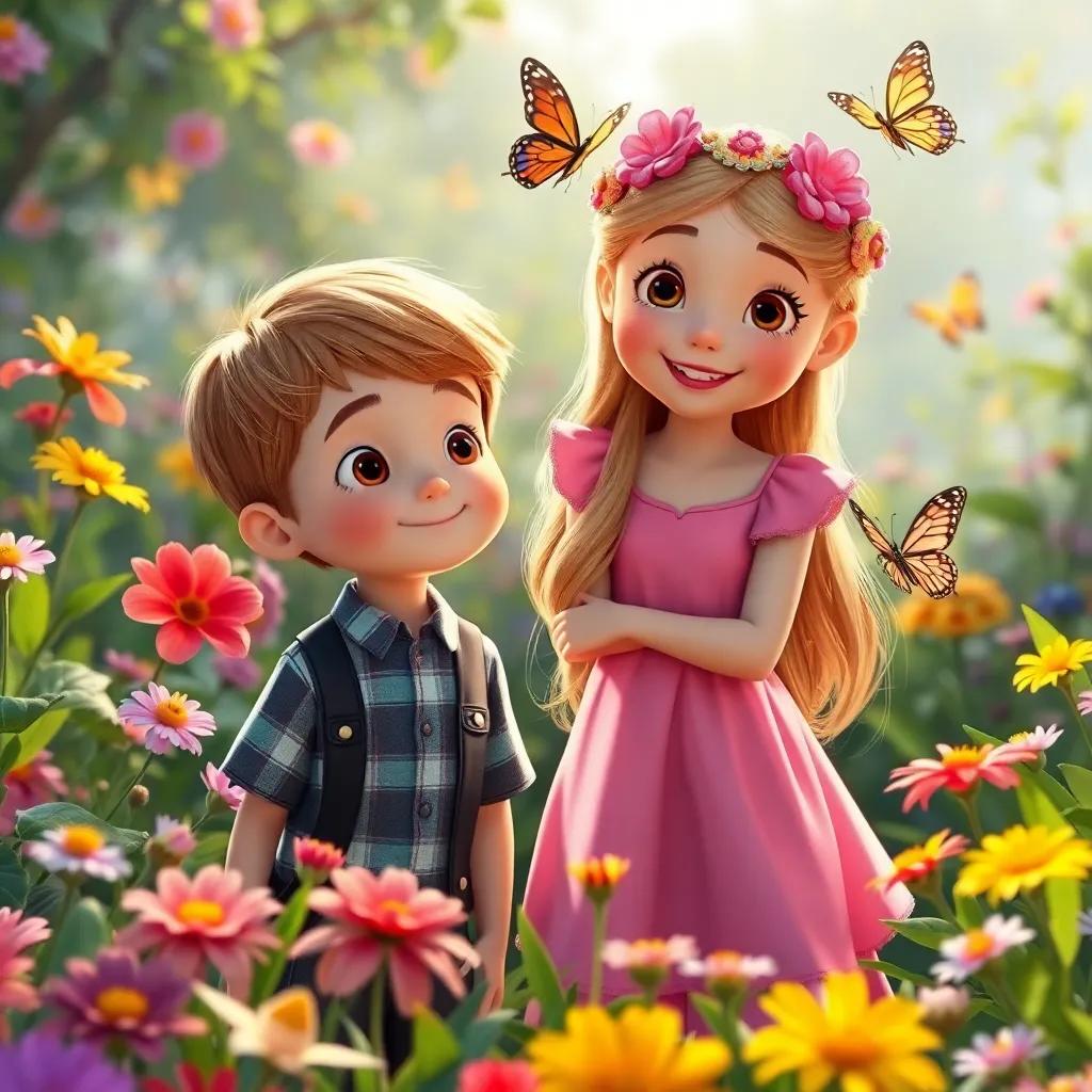 Oliver and Lucy, a young girl with long blonde hair, wearing a pink dress, surrounded by colorful flowers and butterflies coming to life, joyful expressions, lively garden, vibrant colors, enchanting atmosphere, high quality