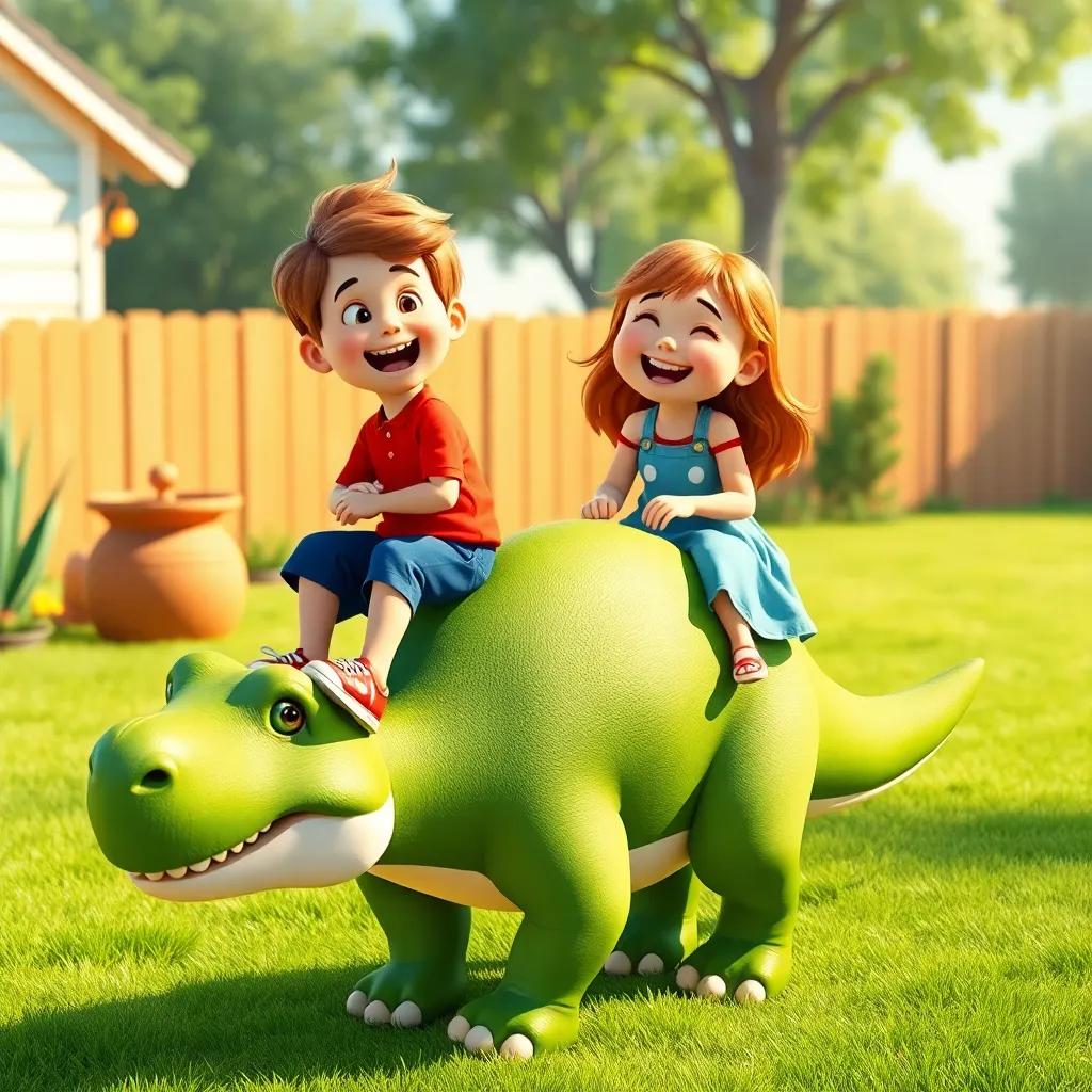 Oliver and Lucy riding a friendly green dinosaur with spots, in a large backyard as they laugh together, the dinosaur is happy and playful, bright sunlight, fun and adventurous scenery, colorful, high quality