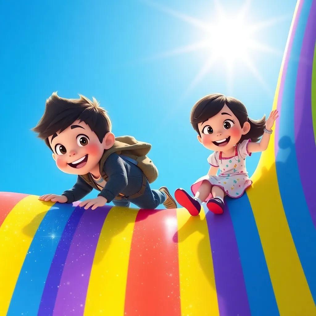 Oliver and Lucy climbing a sparkling rainbow, gleeful expressions as they slide down the shiny colors, set against a bright blue sky, high-quality, cheerful and whimsical scene, high quality