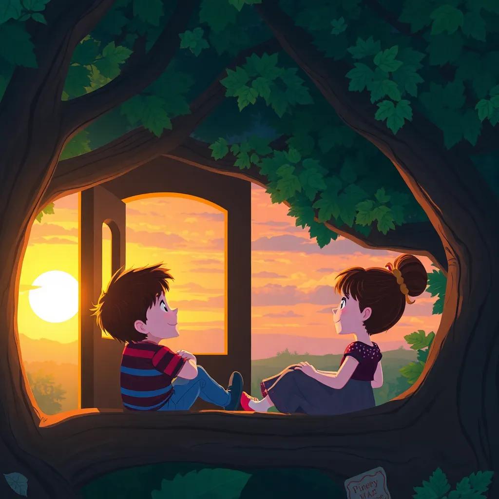 Oliver and Lucy settling into a cozy treehouse made of painted colors, watching a brilliant sunset mix in the sky through the window, warm glow, inviting atmosphere, joyful scene, high quality