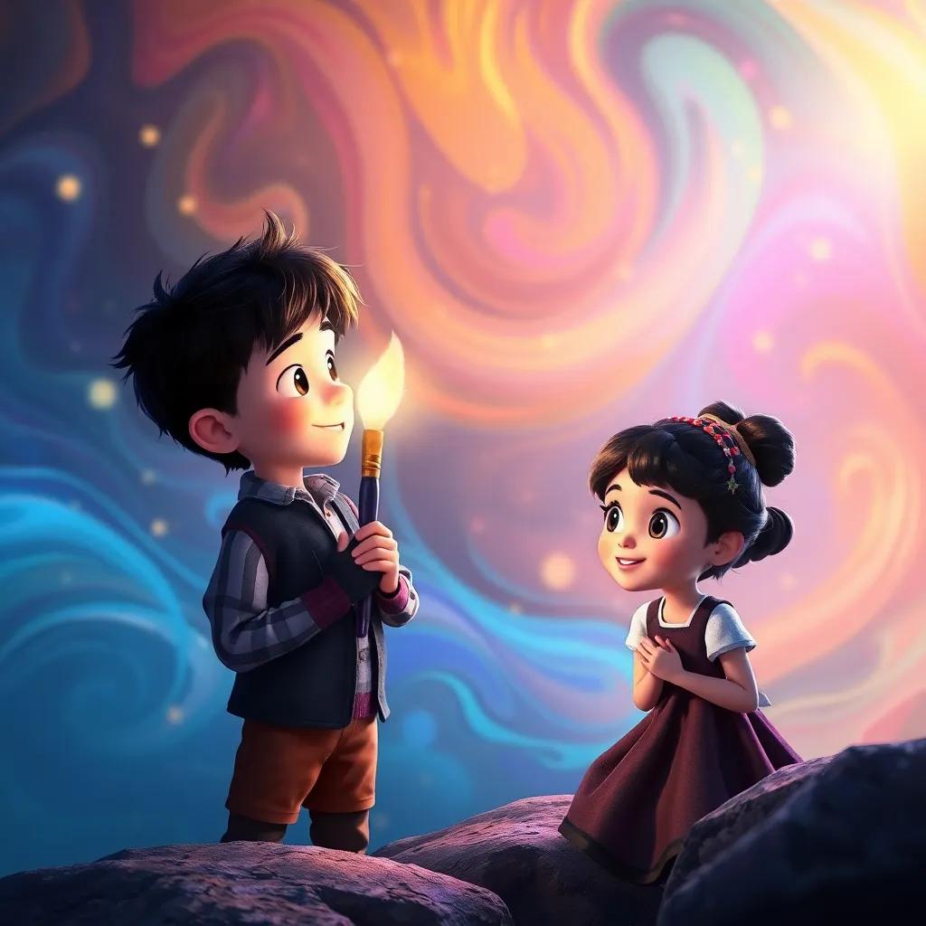 A magical paintbrush glowing softly as it whispers to Oliver and Lucy, with a dreamy background of swirling colors representing their adventure, magical essence, captivating visuals, high quality