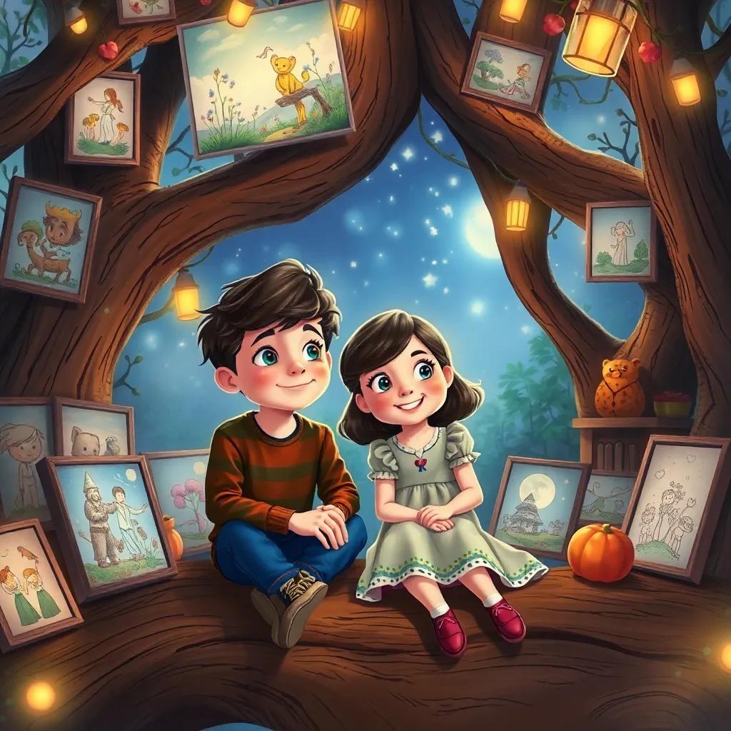 Oliver and Lucy sitting together in a treehouse full of painted artworks, surrounded by beautiful drawings that glow softly, showcasing their friendship and magic, whimsical setting, high quality