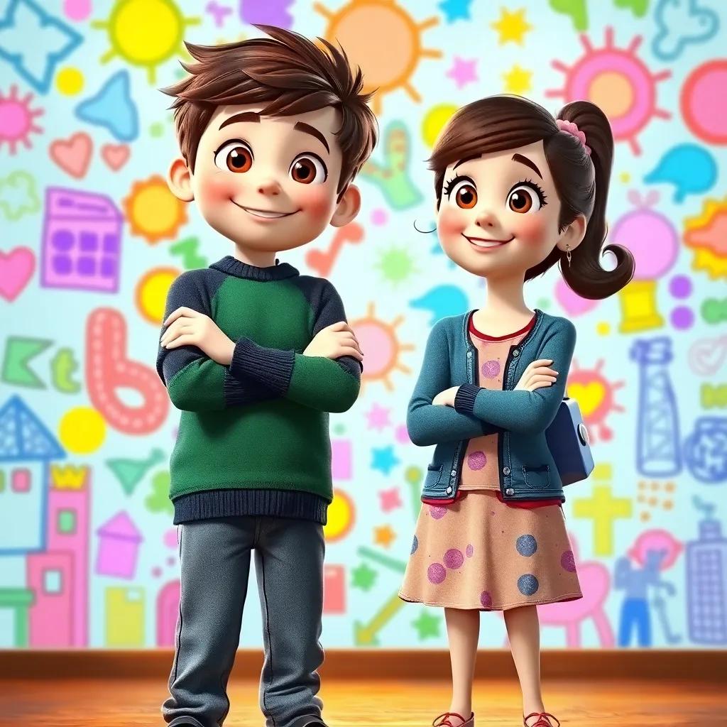 Oliver and Lucy standing together, arms crossed and smiles on their faces, against a colorful backdrop filled with their magical drawings, bright and inspiring atmosphere, high quality