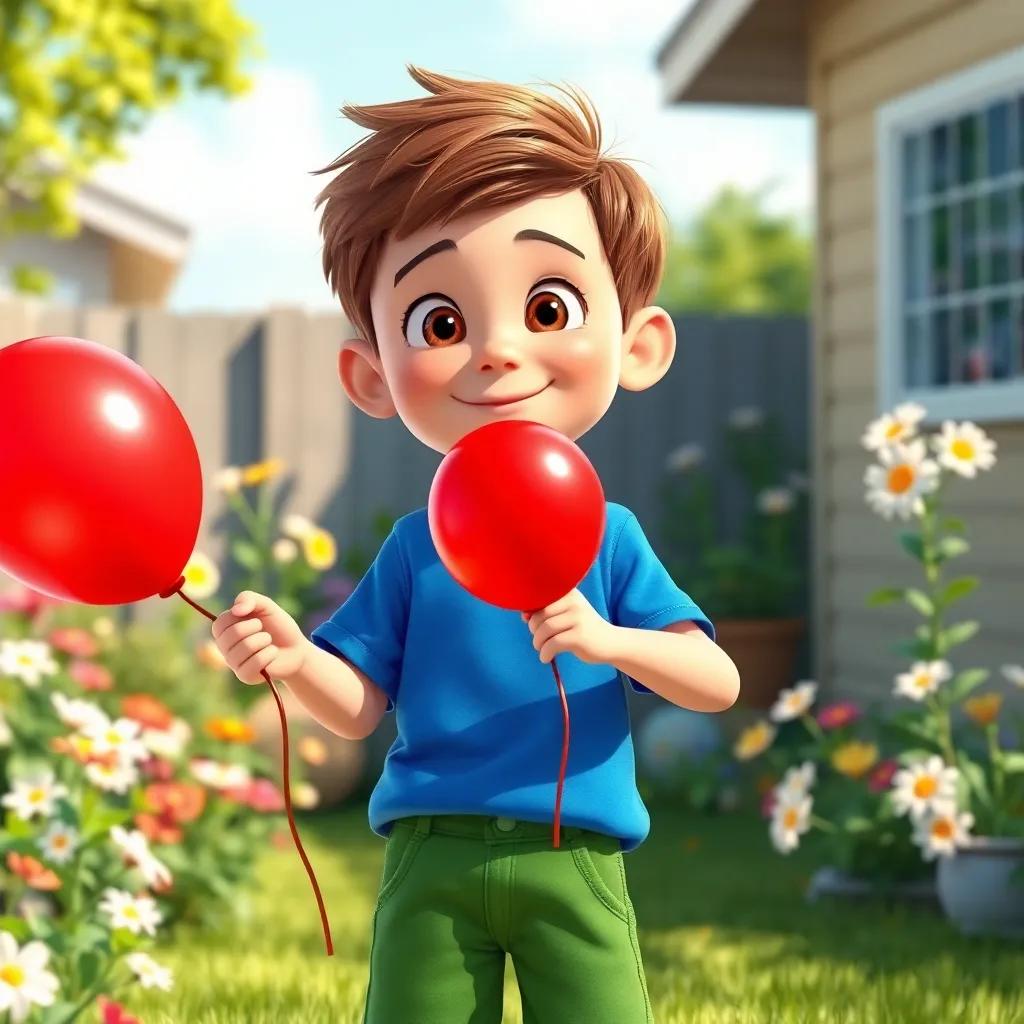 A curious boy, Oliver, with short brown hair wearing a bright blue shirt and green shorts, holding a bright red balloon in his backyard with flowers and sunshine, cheerful atmosphere, digital art, vibrant colors, child-friendly