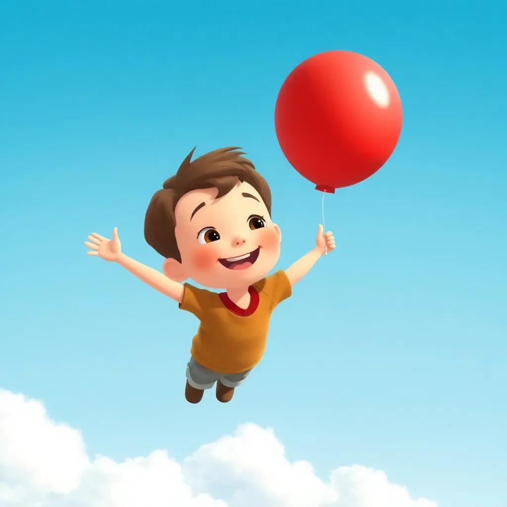 Oliver, a curious boy with short brown hair, floating into the blue sky with a bright red balloon, fluffy white clouds below, feeling joyful and amazed, illustration, bright and colorful, whimsical