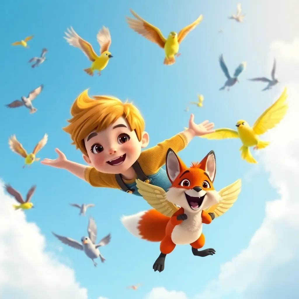 Oliver soaring high in the sky, surrounded by colorful flying birds and a friendly fox with wings, all smiling and playing, fantasy scene, bright colors, cheerful