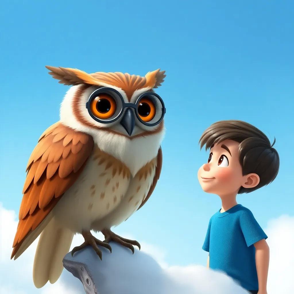 A wise old owl with round glasses, perched on a cloud, speaking to Oliver, a boy in a bright blue shirt, with a sky-blue background, whimsical and enchanting, digital art, friendly